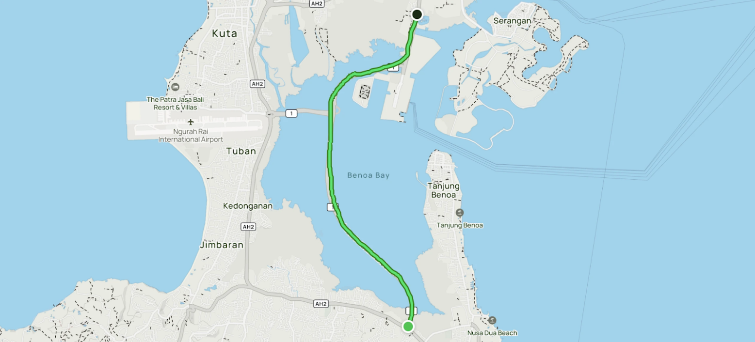 Route Map from Ngurah Rai Airport to Merusaka Nusa Dua